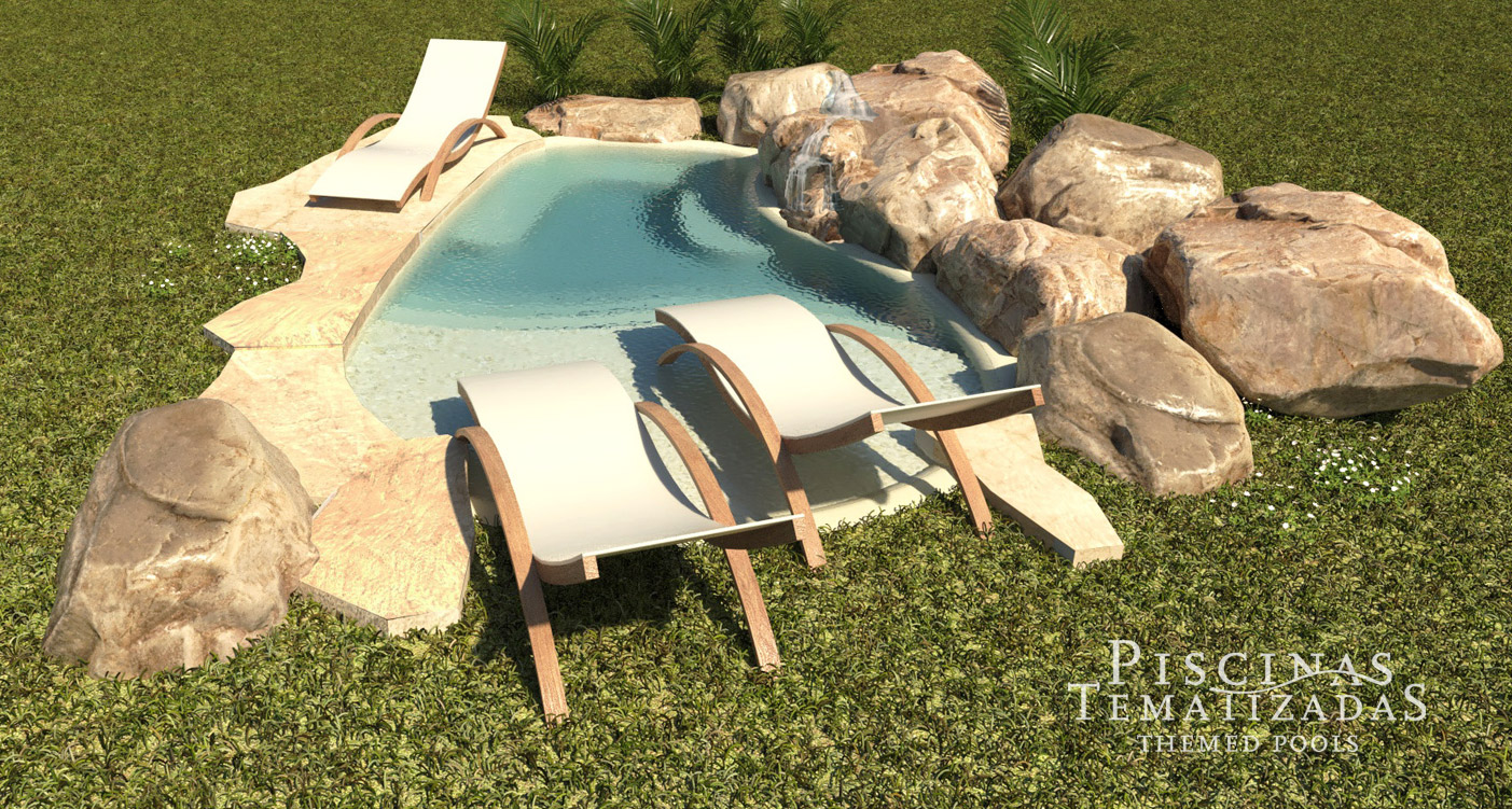 Render 3d de diseño de piscina moderna rústica con cascada y rocas artificiales.