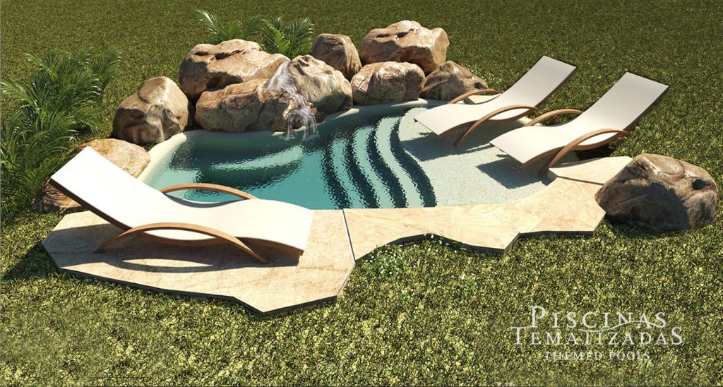 Render 3d de diseño de piscina moderna rústica con cascada y rocas artificiales.